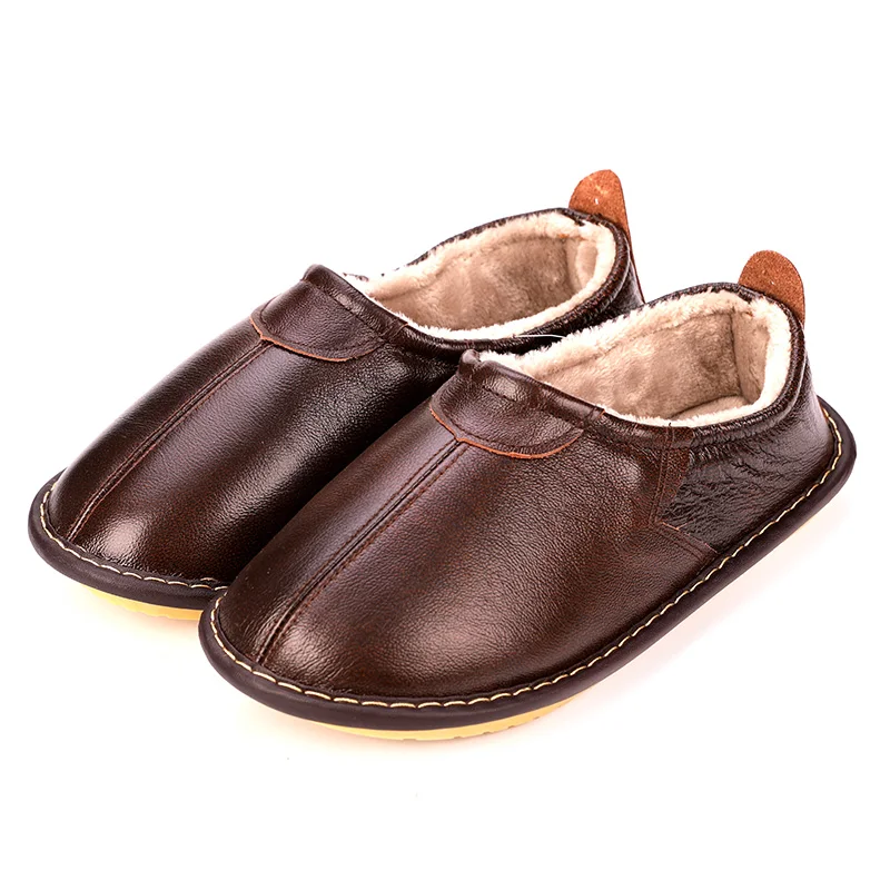 Genuine Leather Couple's Winter Home Slippers Warm Soft Anti-Skip House Casual Shoes Men and Women Indoor Slippers