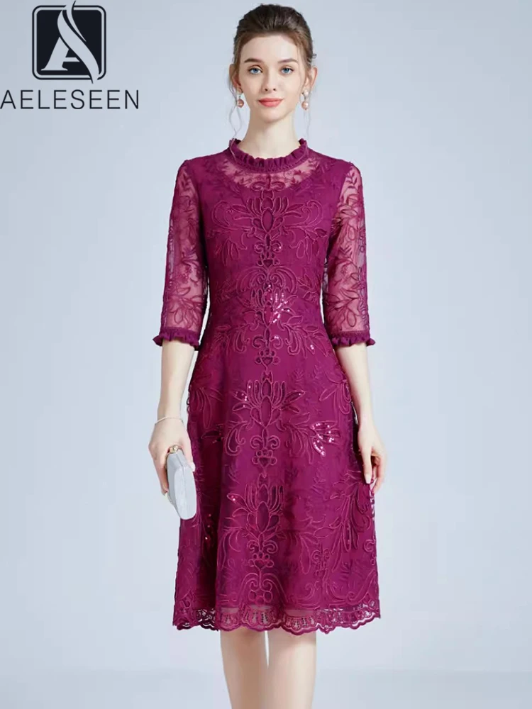 

AELESEEN Runway Fashion Spring Summer Dress Women's Half Sleeve High Quality Flower Embroidery Sequined Ruffled Midi Party