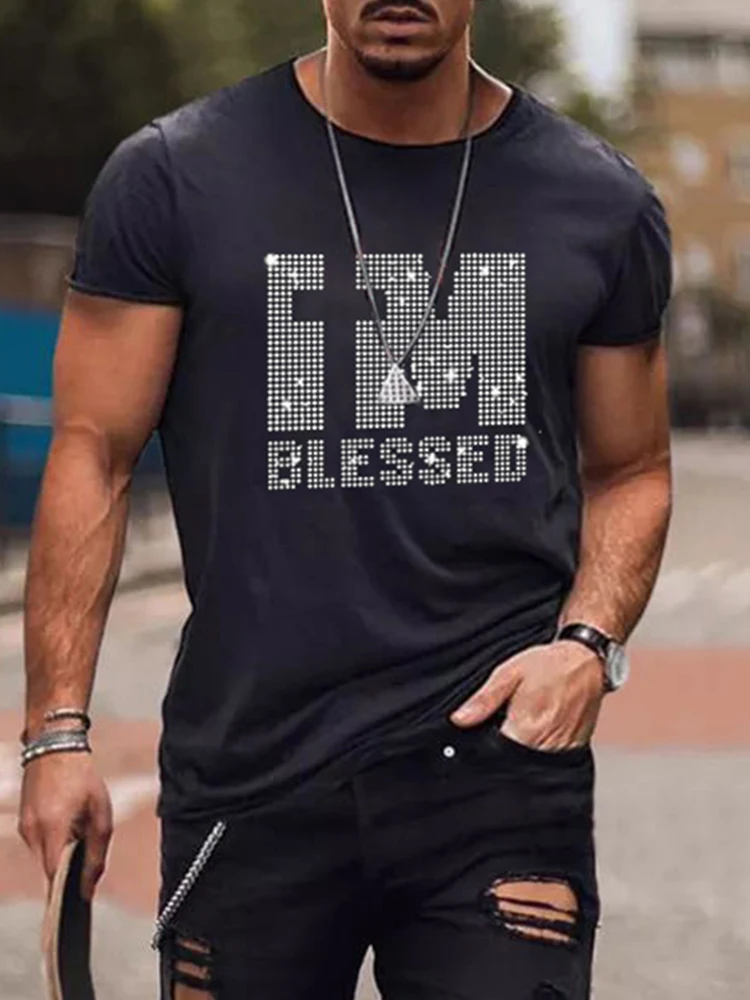 

New Mens Quality Oversized Fashion y2k Summer Tee Tops Casual Designer personality Rhinestone Short Sleeve Street O-Neck tshirt