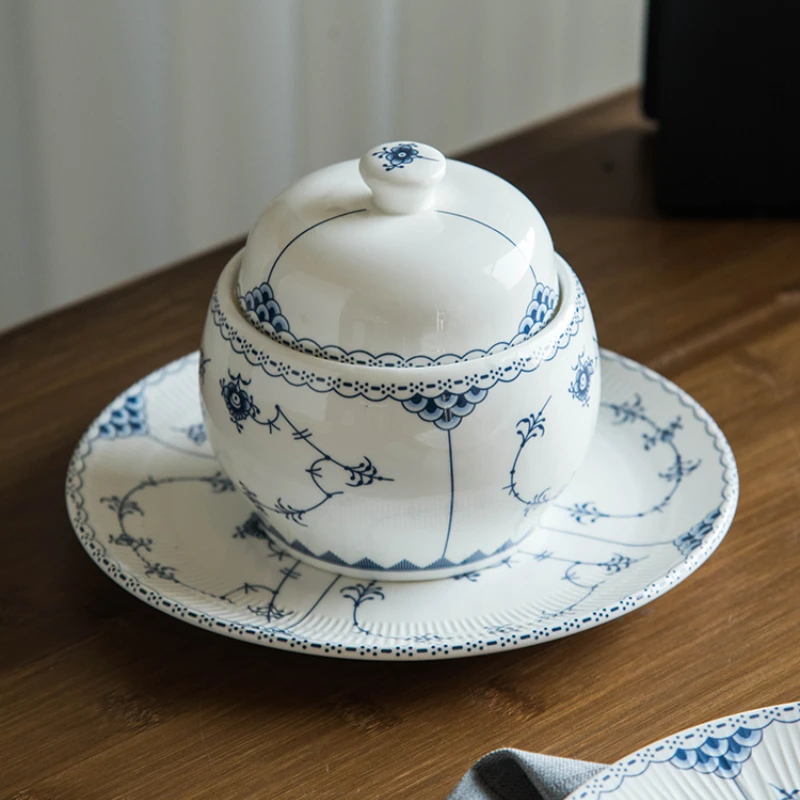 Creative Senior Stewing Cup Household Ceramic Underglaze Color Dim Sum Plate with Cover Small Soup Pot Kitchen Tableware