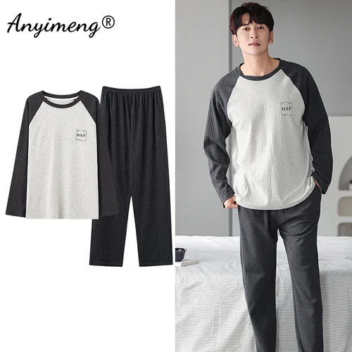 한국어 미니멀리스트 스타일 남자 잠옷 세트 긴 소매 Loungewear 코 튼 잠 옷 소년 레저 망 Pijamas 패션 Homesuits 5
