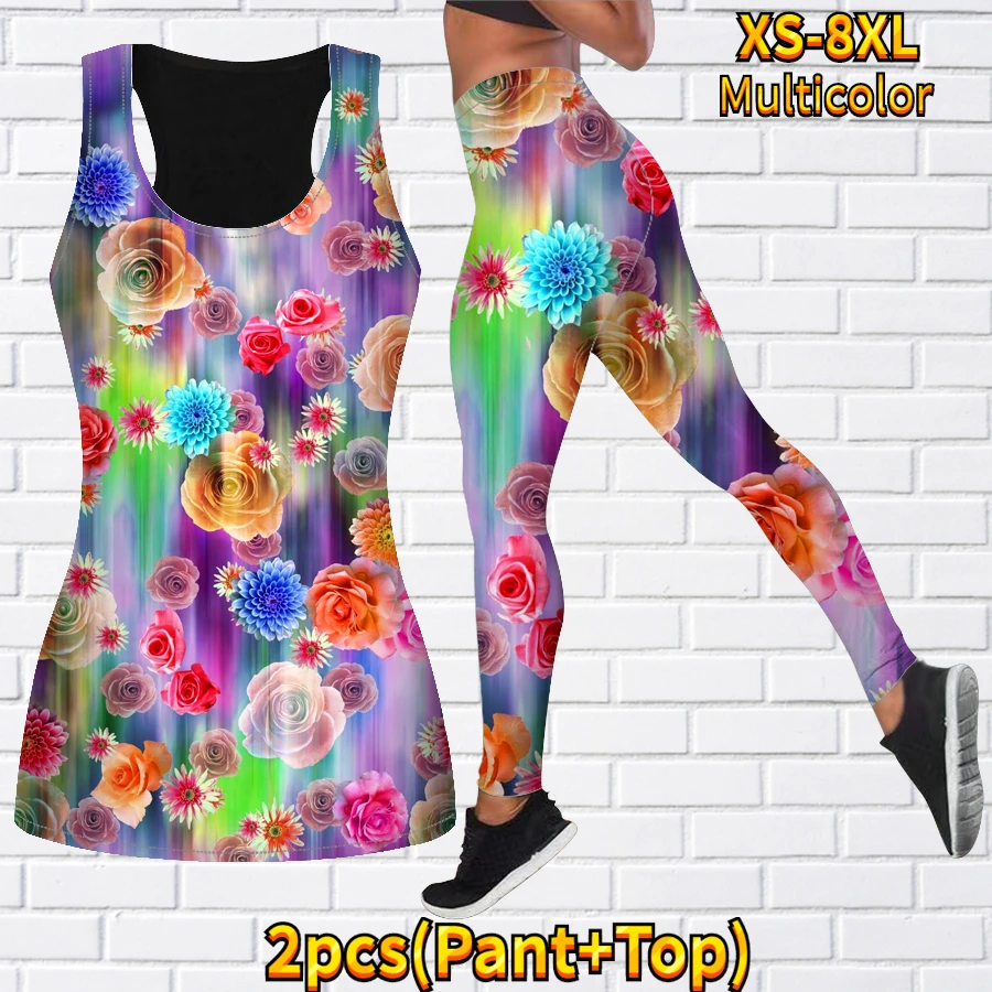 Women\'s 3D Colorful Flower Print Yoga Tank Top Set Fashion Sports Sleeveless Tank Top Pants Set Two Piece Set XS-8XL