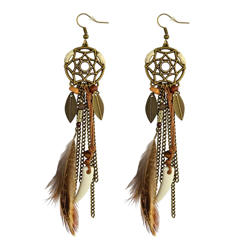 Pendientes de gancho largo de pluma de atrapasueños étnico bohemio, pendientes de borla de cadena hechos a mano, joyería antigua para mujer