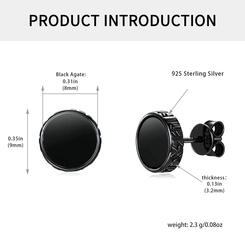 Nordic Viking Rune Personalized 8mm Natural Black Agate Ear Stud 925 Sterling Silver Men Women Hiphop Earrings Fashion Gift 2