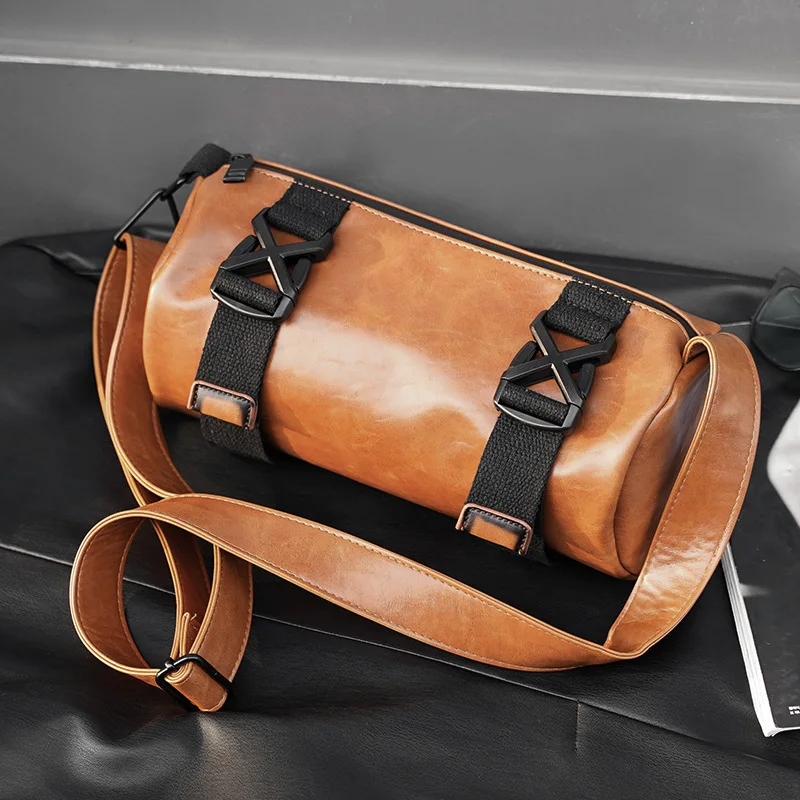 

Retro Fashion Crossbody Bag Men Brand Design Barrel-Shaped Shoulder Messenger Bag Men's Crossbody Bags Solid PU Leather Satchel