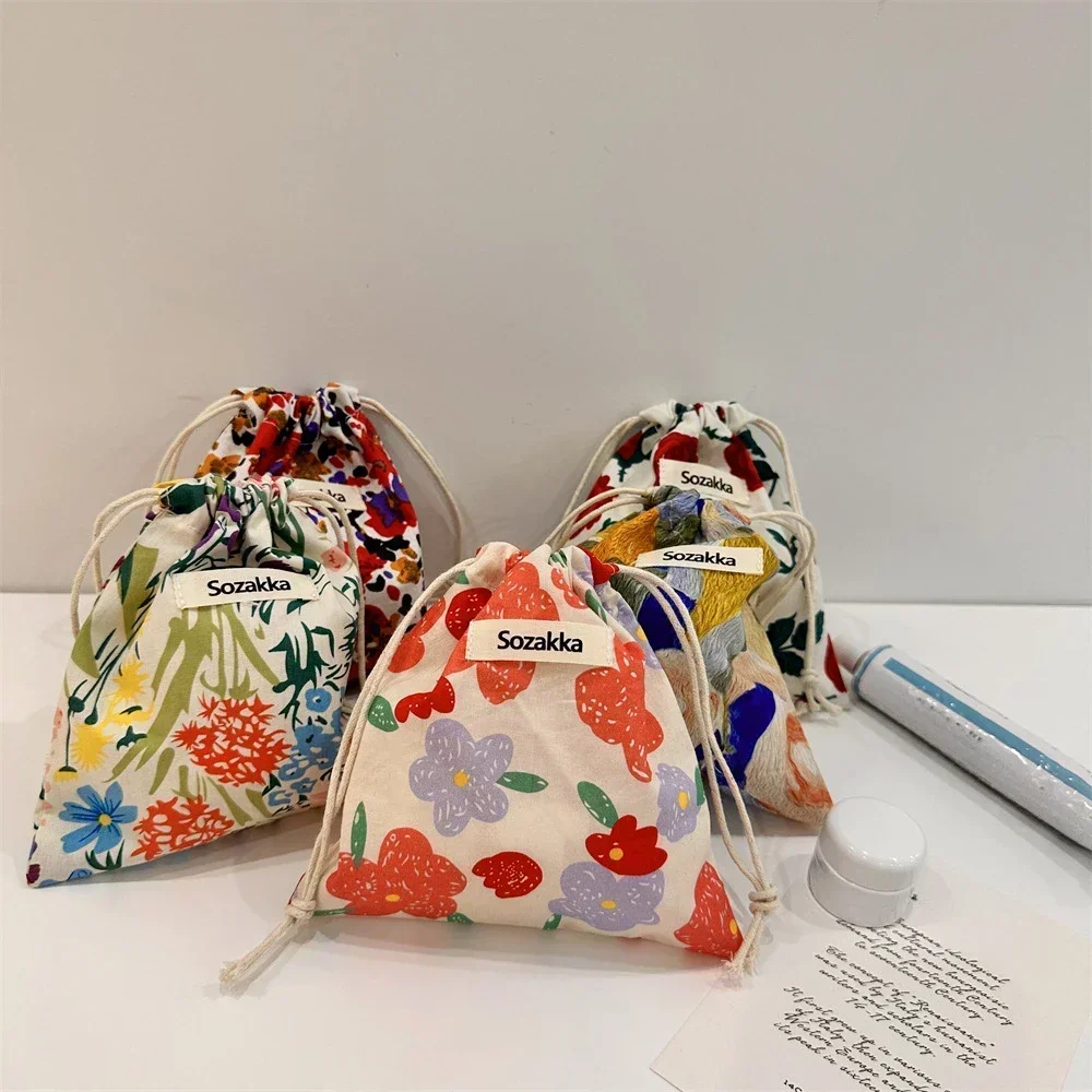 Cotton Fabric Floral Drawstring Bags Cosmetic Bag Lipstick Toiletry Makeup Organizer Coin Pocket Bags Purse Canvas Storage Bag 4