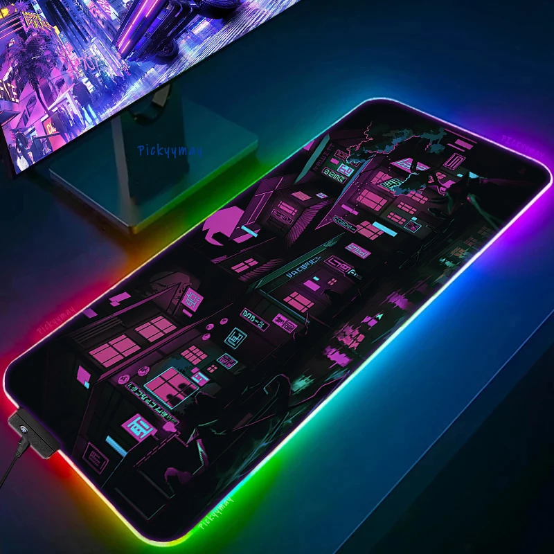 Tapete de Mesa do Teclado das Almofadas de Mesa dos Mousepads do Japão com Backlit a Grande Almofada do Rato do Rgb Xxl Roxa Cidade Neon Conduziu a Esteira do Rato - Imagem 5