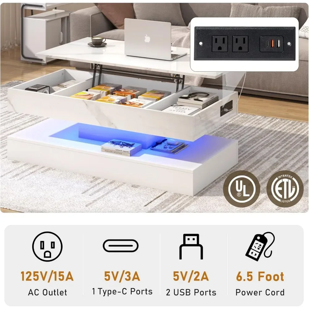 47.2" Large Lift Top Coffee Table with Charging Station, Hidden Compartment Storage, Marbling Print, LED High Glossy Tables 3