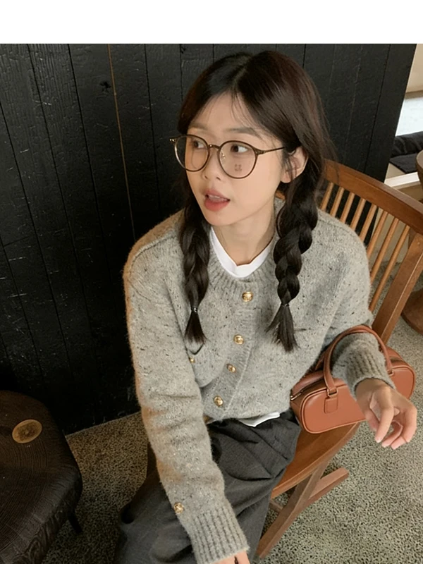 망고 그레이 니트 오픈 가디건 스웨터 여성용 봄 가을 아우터웨어 여성스러운 하이 칼라 탑 라운드 넥 프린트 캐주얼 웨어