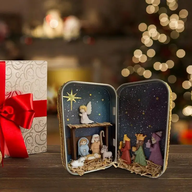 Christmas Nativity Jesus Nativity Set Family Scene Crafts Cabin Box Theater Desktop Ornaments Xmas Decor gift for kids nativity figurines