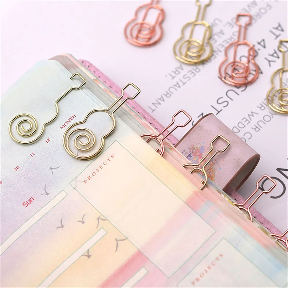 10pcs gold Metal music guitar Shape Paper Clips Golden Color Kawaii Cute Bookmark Clip Stationery Office School Supplies