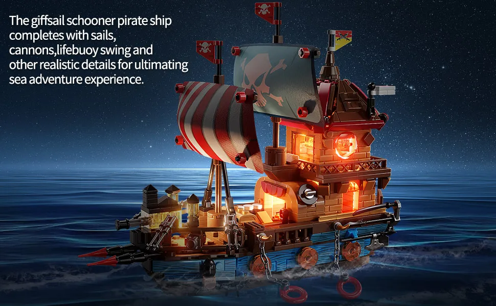 916-teiliges Cartoon-Piratenschiff-Bausteinset, Fantasy-Abenteuer-Modell mit LED-Beleuchtung, DIY-Montage-Spielzeug für Erwachsene, ideales Geburtstags- und Feiertagsgeschenk, Heim- und Bürodekoration, Sammlerstück, Ausstellungsstück – Detail 2
