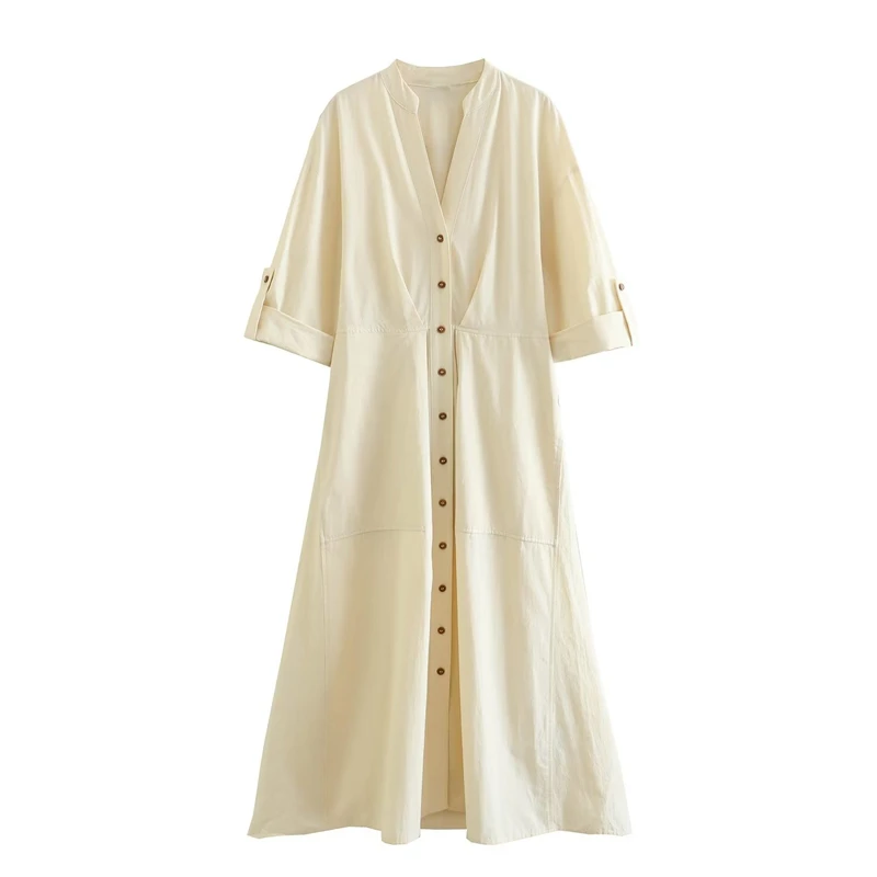 

Summer New Fashion Temperament V-neck Short-sleeved Waist Slimming Dress Single-breasted Loose Long Skirt