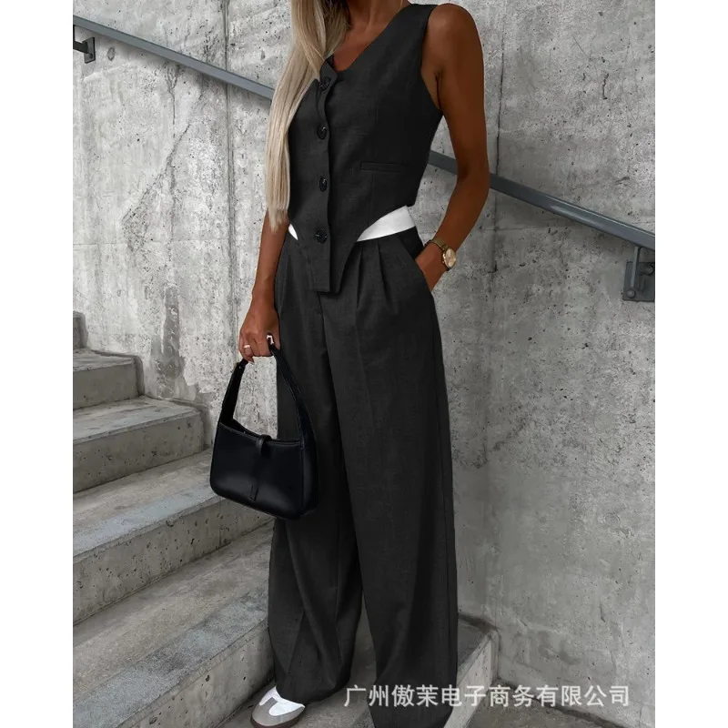 

2023 New Spring Autumn Women's Clothing Gray Asymmetric Design Leisure Commute Sleeveless Vest Suit Trousers