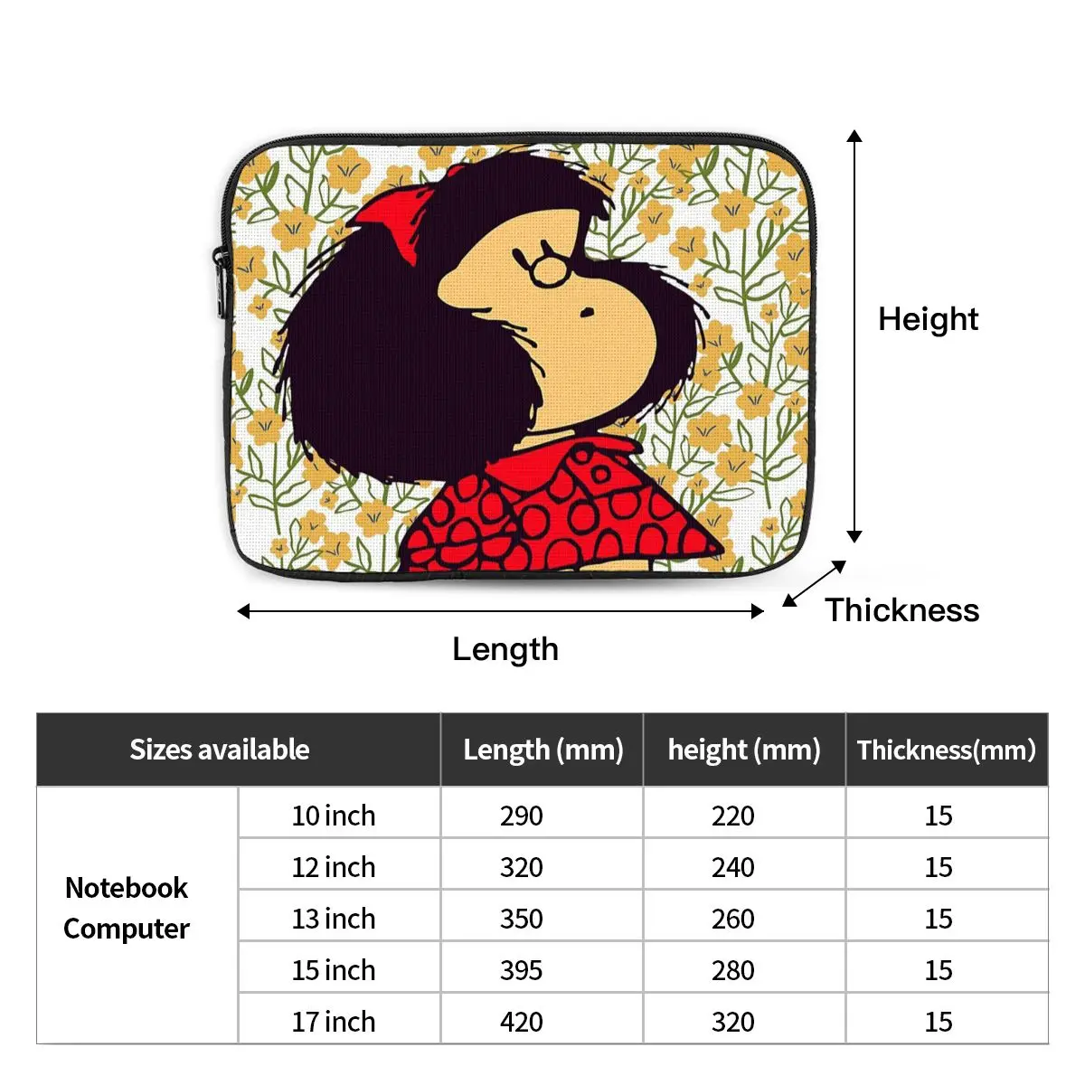 Mafalda e Flores Computer Sleeve Case Kawaii Cartoon Notebook à Prova de Choque 10 12 13 15 17 - Imagem 2