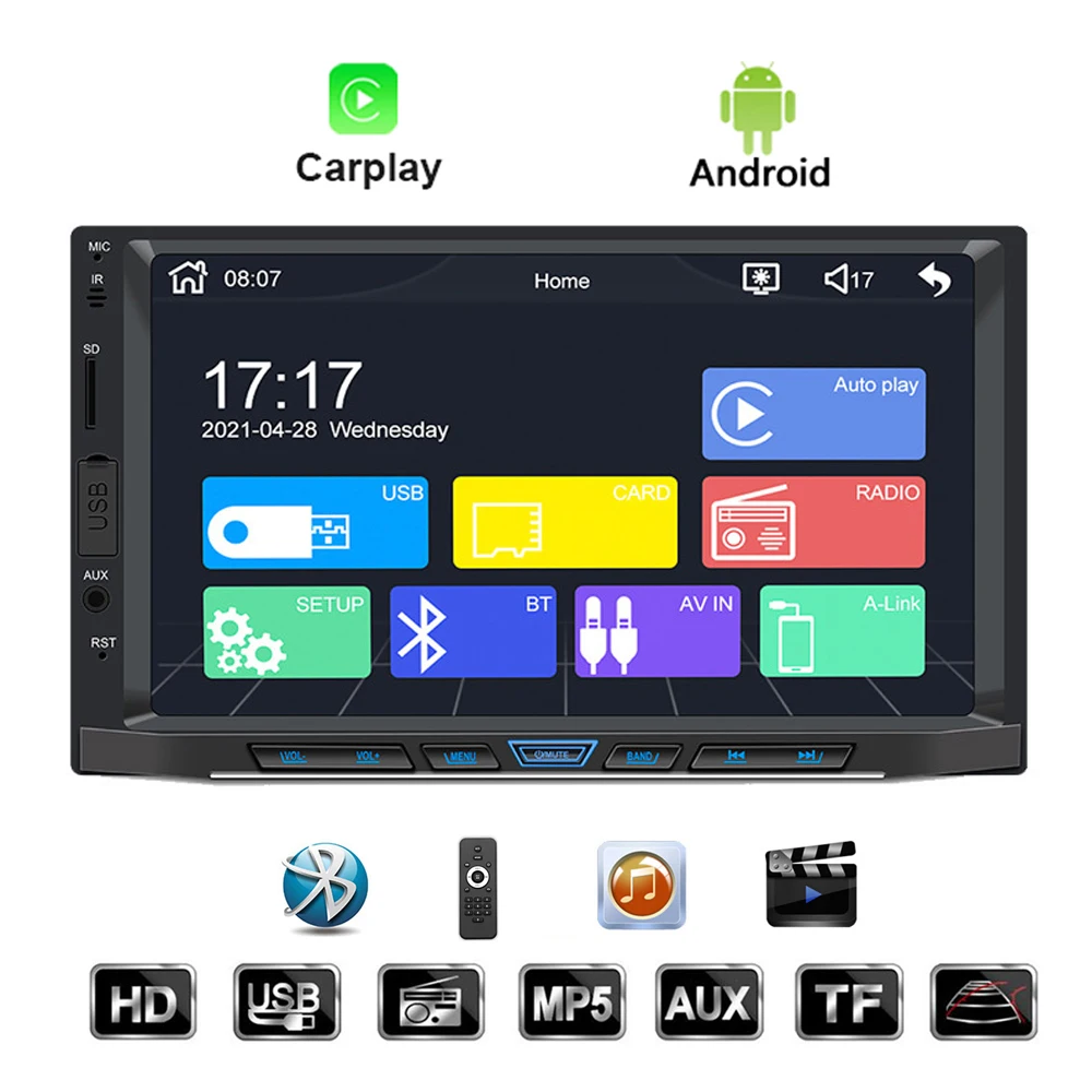 

Auto Accessories BT 5.0 Car MP5 Player For Carplay Android Audio Radio Built-in GPS Navigation 7 Colors Backlight 7" HD Screen