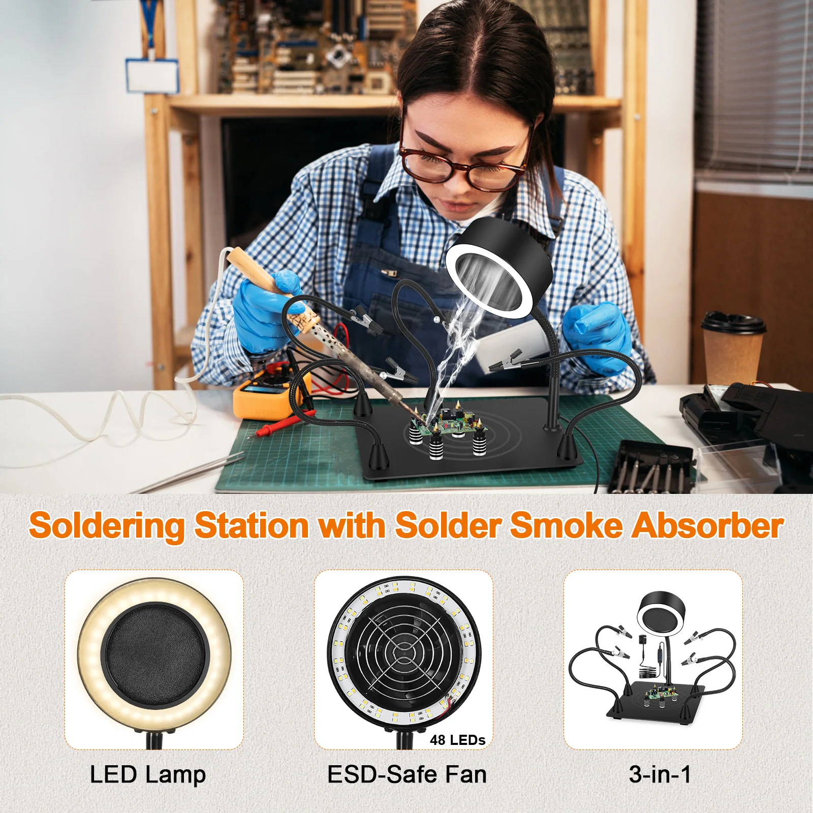 Toolour 12W Welding Smoking Device with 3 Color LED Light 4 Flexible Arms 4 PCB Holder Welding Workbench for Solder Repair