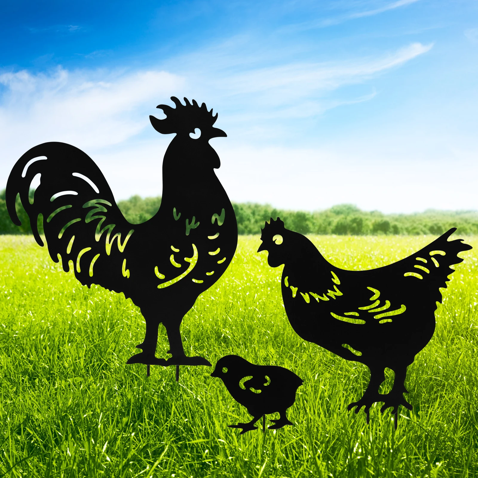 Yard Art Garden Metal Sculpture Chicken Decoration 3Pcs Creative Rooster Outline Lawn After Outdoor Hen Garden Decorated