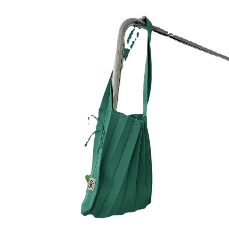 Female Wool Knitted Pleats Tote Organ Bag Designer Chic Stitching Contrast Korean Fashion Shoulder Shopper Handbag For Women