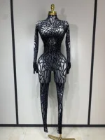Women Sexy Black Rhinestone Stretch Bodycon Jumpsuit Club Evening Party Birthday Wear Singer Dancer Stage Perform Costume
