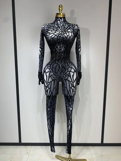 Women Sexy Black Rhinestone Stretch Bodycon Jumpsuit Club Evening Party Birthday Wear Singer Dancer Stage Perform Costume