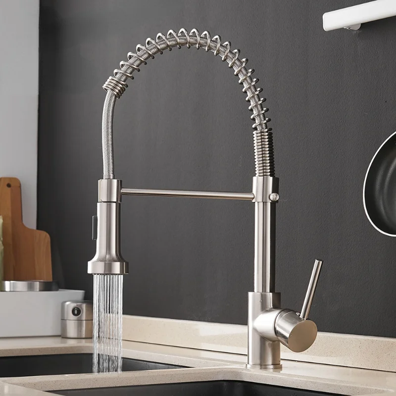 

Brush Brass Faucets Kitchen Sink Single Lever Pull Out Spring Spout Mixers Tap Hot&Cold Water Crane Faucet