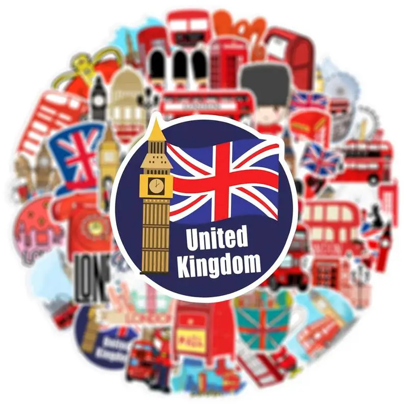 British London Aufkleber – 50 Stück Union Jack & Roter Bus Motive | Für Laptop, Koffer, Skateboard