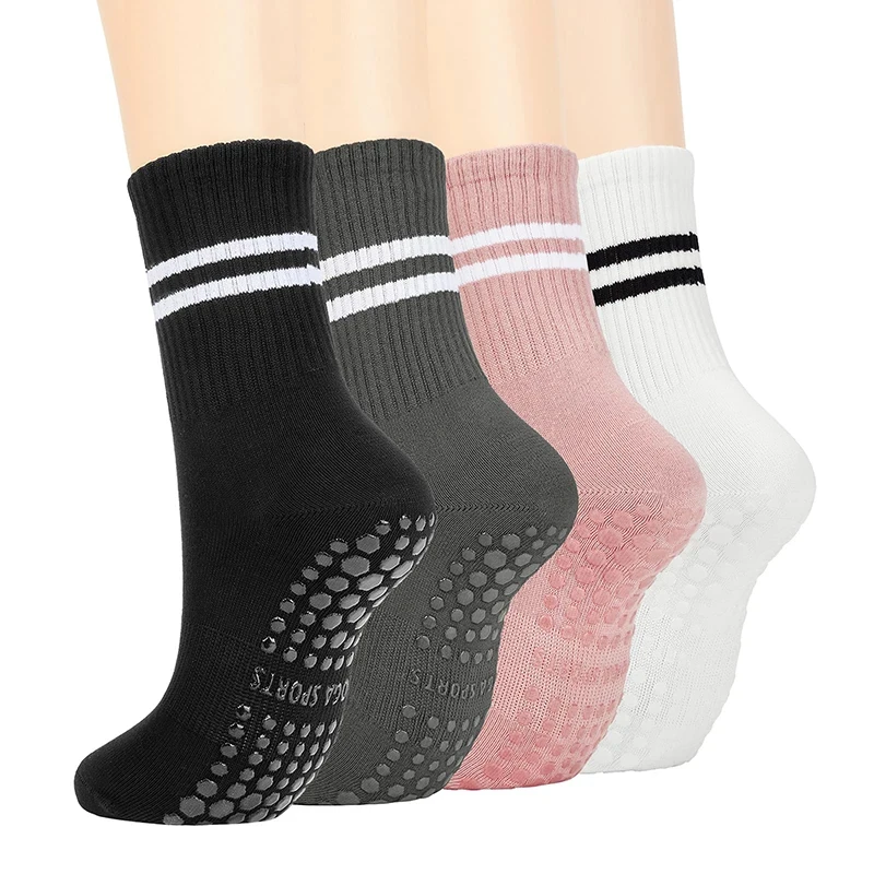 Women's Anti-Skid Yoga Socks - Breathable Cotton Grip Socks for Fitness & Dance, 4 Pairs in Assorted Colors