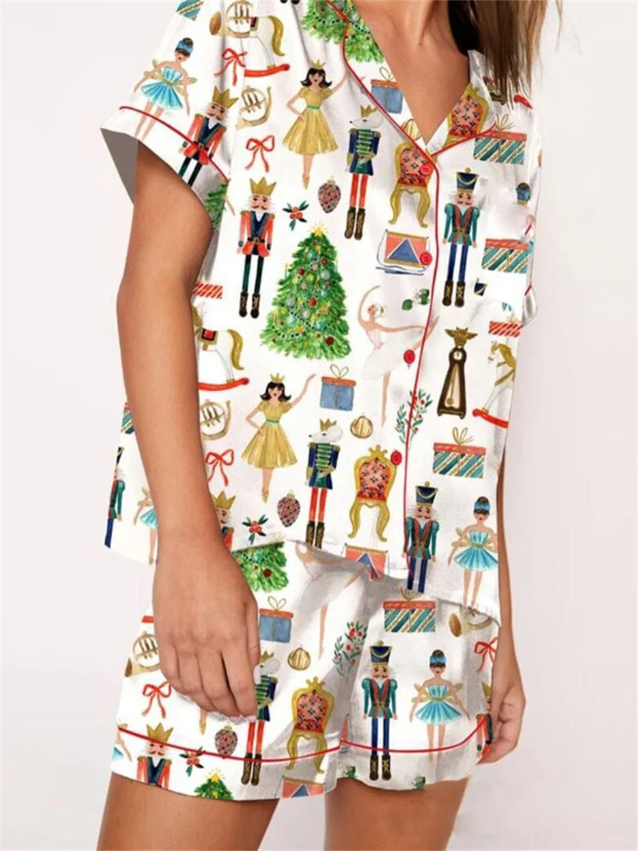 Women Halloween Print Satin Pajama Set Short Sleeve Button Closure Top with Shorts 2 Pieces Sleepwear Loungewear