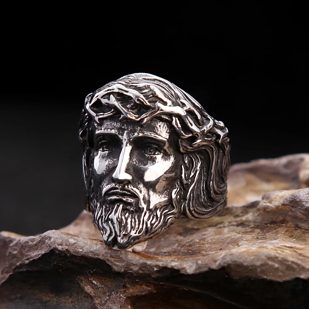 Unique Vintage Catholic Jesus Head Ring Punk Stainless Steel Jesus ...