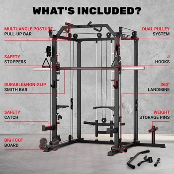 Smith Machine, 2000LBS M11 Multi-Function Squat Rack Power Cage with Cable Crossover System and Smith Bar, All-in-One LAT 3