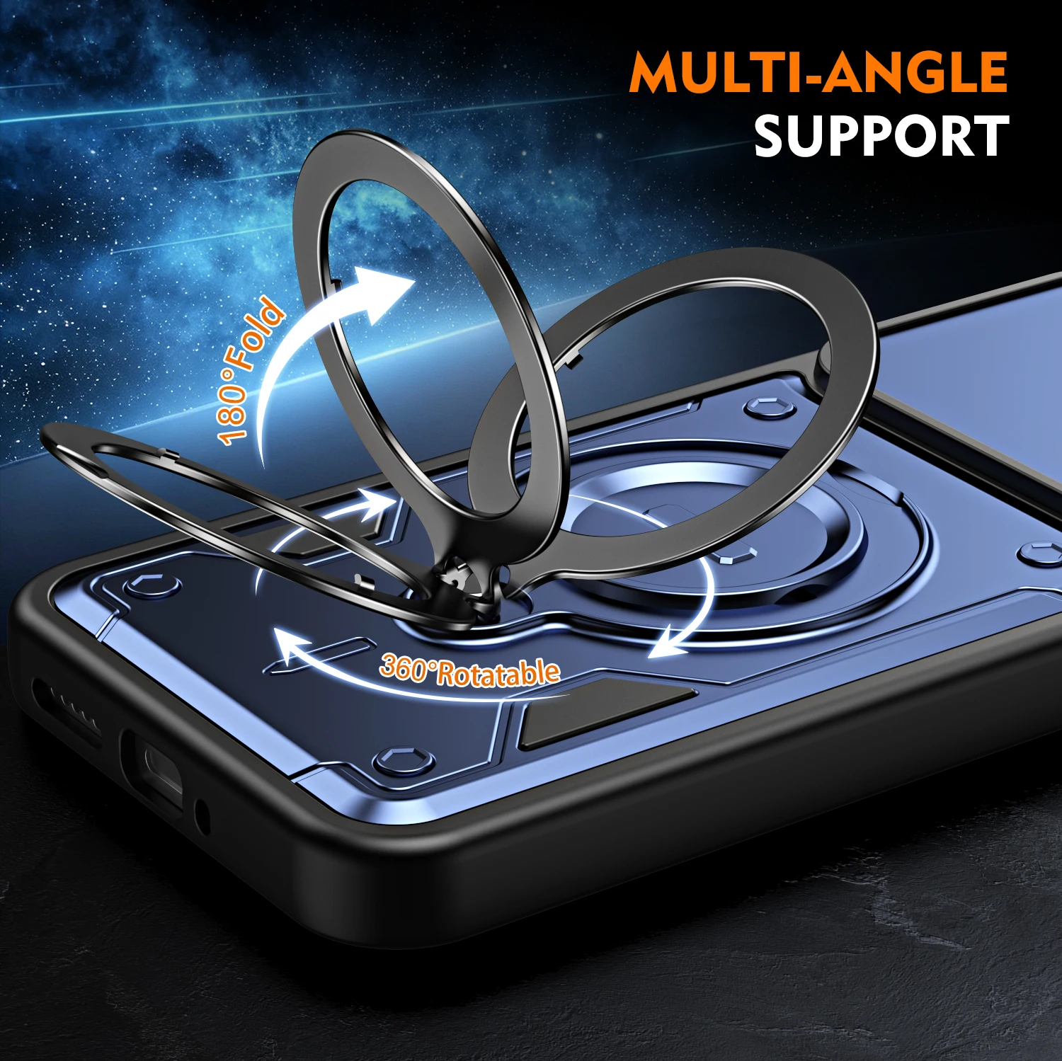 Rugged Armor Shockproof Case with Slide Camera Lens Protector and Metal Ring Stand