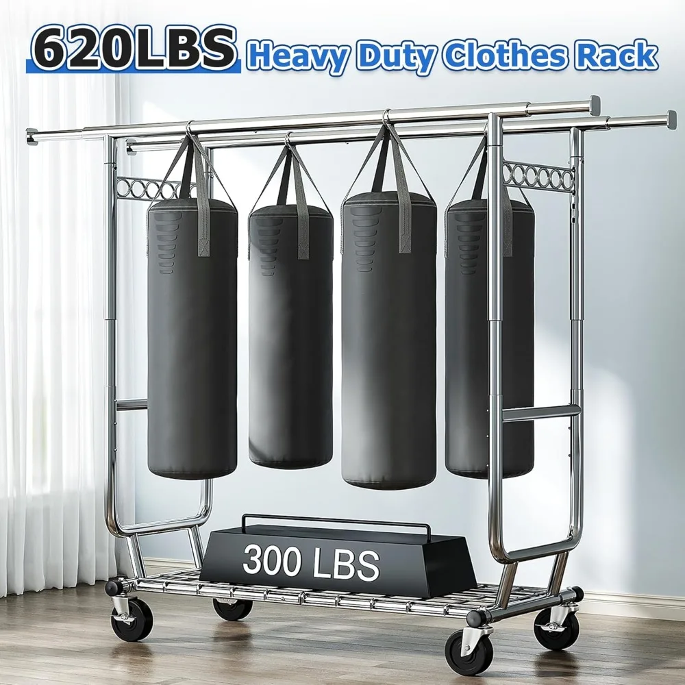 Clothes Rack Heavy Duty Clothing Racks for Hanging Clothes Load 620LBS, Rolling Clothing Rack with Wheels, Adjustable 2