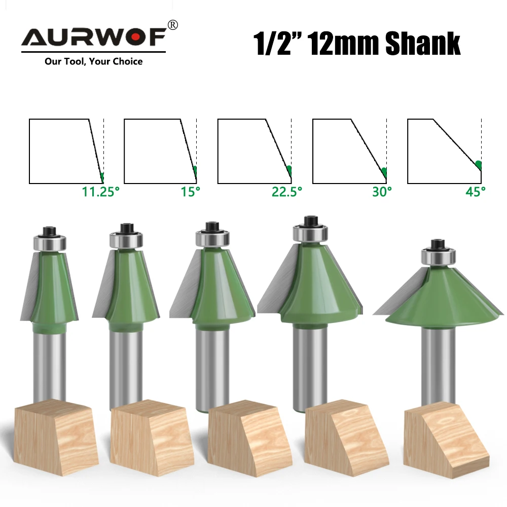 

AURWOF 1pc 12MM 1/2" Shank Chamfer Router Bit 11.25 15 22.5 30 45 Degree Milling Cutter For Wood Machine MC03232