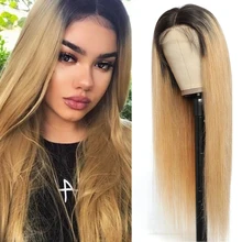 

Ombre Blonde Human Hair Wigs Brazilian Straight 4x4 Lace Closure Wig 150% Density Pre-Colored Long Wig For Black Women IJOY