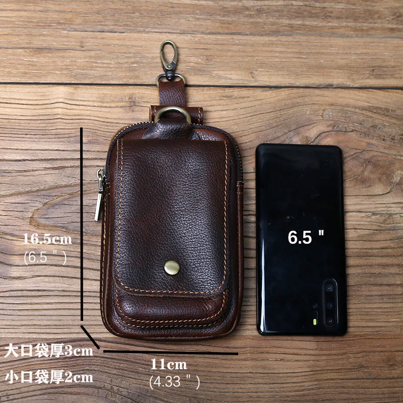NZPJ Genuine Leather Men's Waist Bag Top Layer Cowhide Fashion Hook Bag Leisure Belt Bag Cigarette Box 6.5-inch Mobile Phone Bag