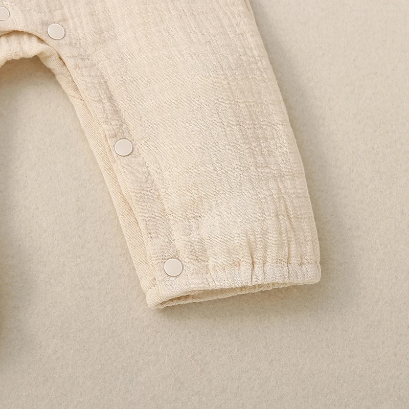 Infant Baby Girls Boys Jumpsuits Cotton Linen Rompers Solid Buttons Crew Neck Long Sleeve Bodysuits with Headband