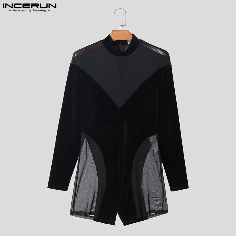 INCERUN 2024 Sexy Style Homewear Men's Suede Mesh Splicing Design Jumpsuits Fashion Male Flat Angle Long Sleeved Bodysuits S-3XL