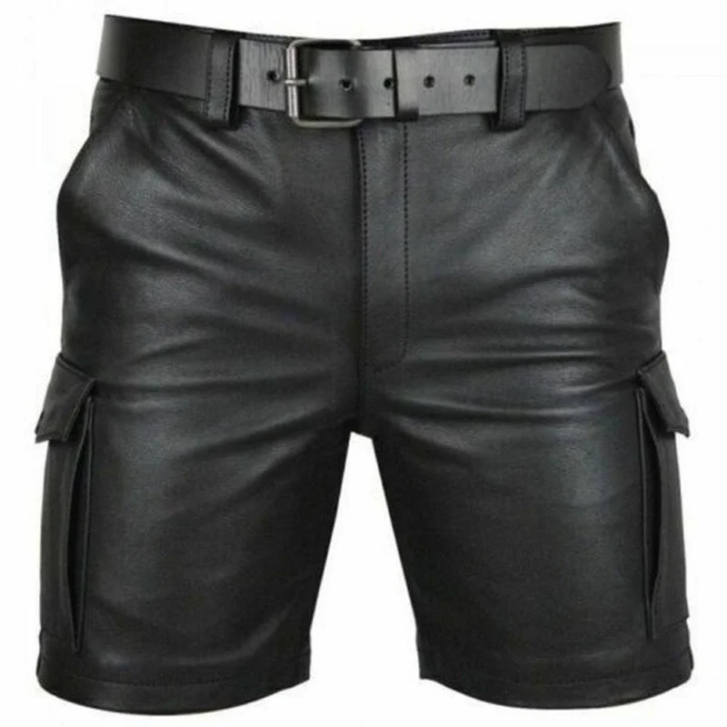 saferido New Solid PU Leather Pants Casual Men's Short Leather Pants Summer Fashion Club Punk Rock Shorts for Men Street LGBT Clothing