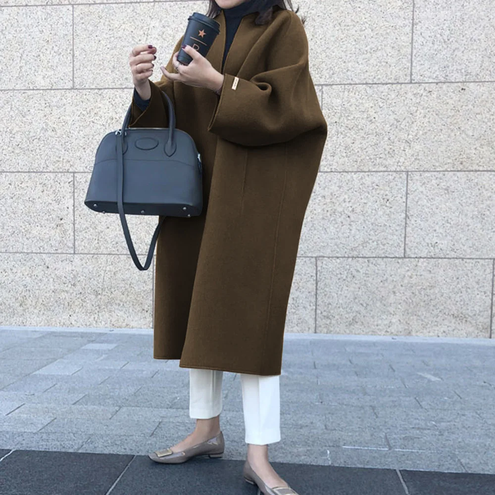 Women Cardigan Blends Round Neck Long Coats Casual Straight Wool Coat Loose Fit Full Sleeve Solid Splice Outwear Regular 2025 - 3