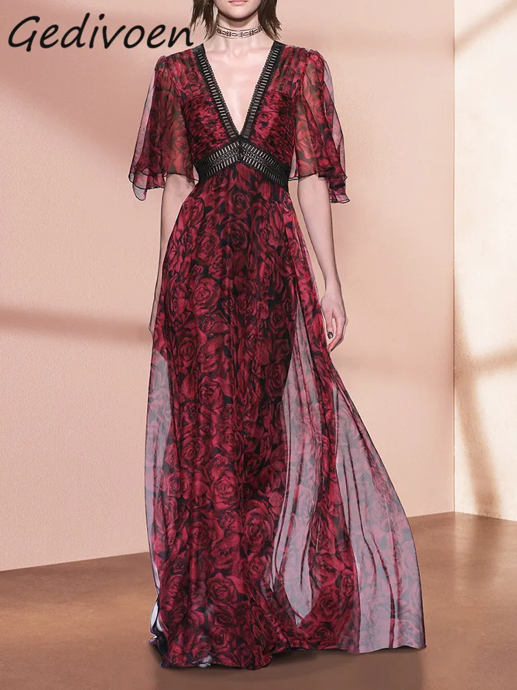 

Gedivoen Fashion Designer Summer Vintage Chiffon Dress Women's Lace V-neck Hollow Out High Waist Ruffles Floral Print Long Dress