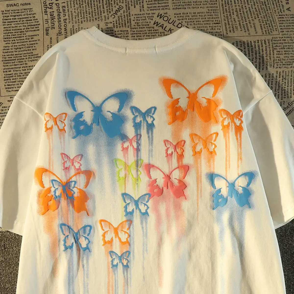

Y2k Unif Women Rainbow Butterfly Printing Slim-Fit Harajuku Style Women Fashion Short-Sleeved T-shirt Korean Graphic Tees Women