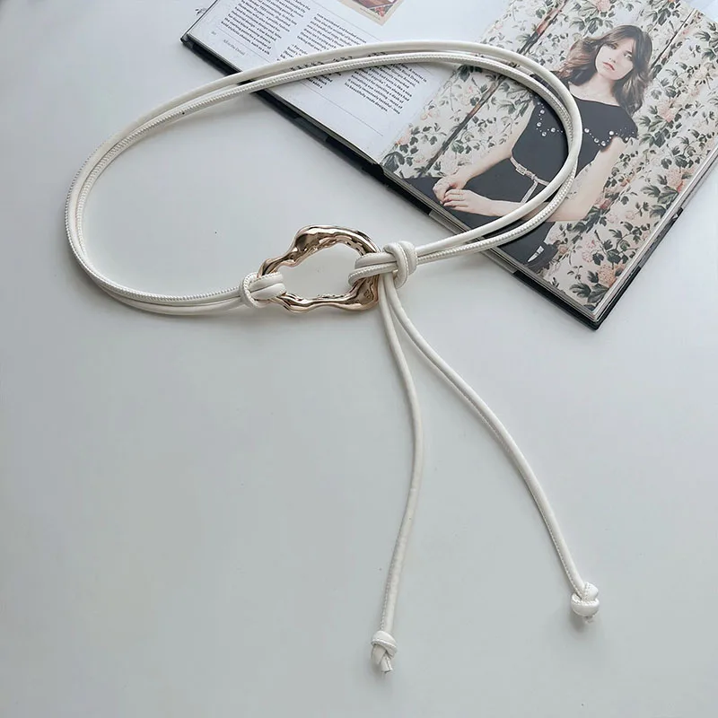Elegant Women's Leather Rope Knotted Belt with Metal Buckle - Stylish Skinny Waistband Accessory