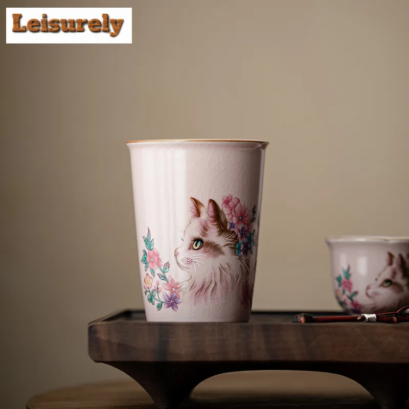 270ml Pink Ru Kiln Flower Cat Cola Mug Mocha Cups Master Mug Bubble Teacup Cold Hot Water Jug Household Tea Items Ornaments Gift