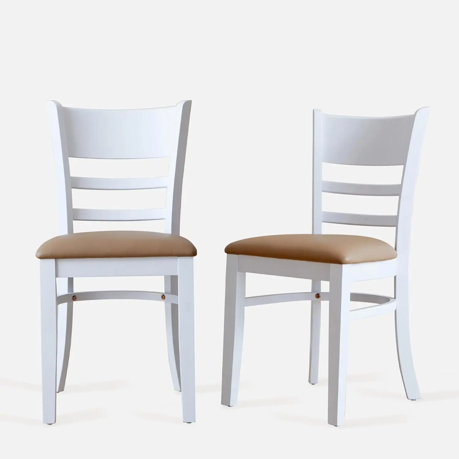 Cabin Dining Chair Set of 2 Solid Malaysian Oak PU Leather Upholstered Cushion Seat Wooden Ladder Back Side Chairs (White)