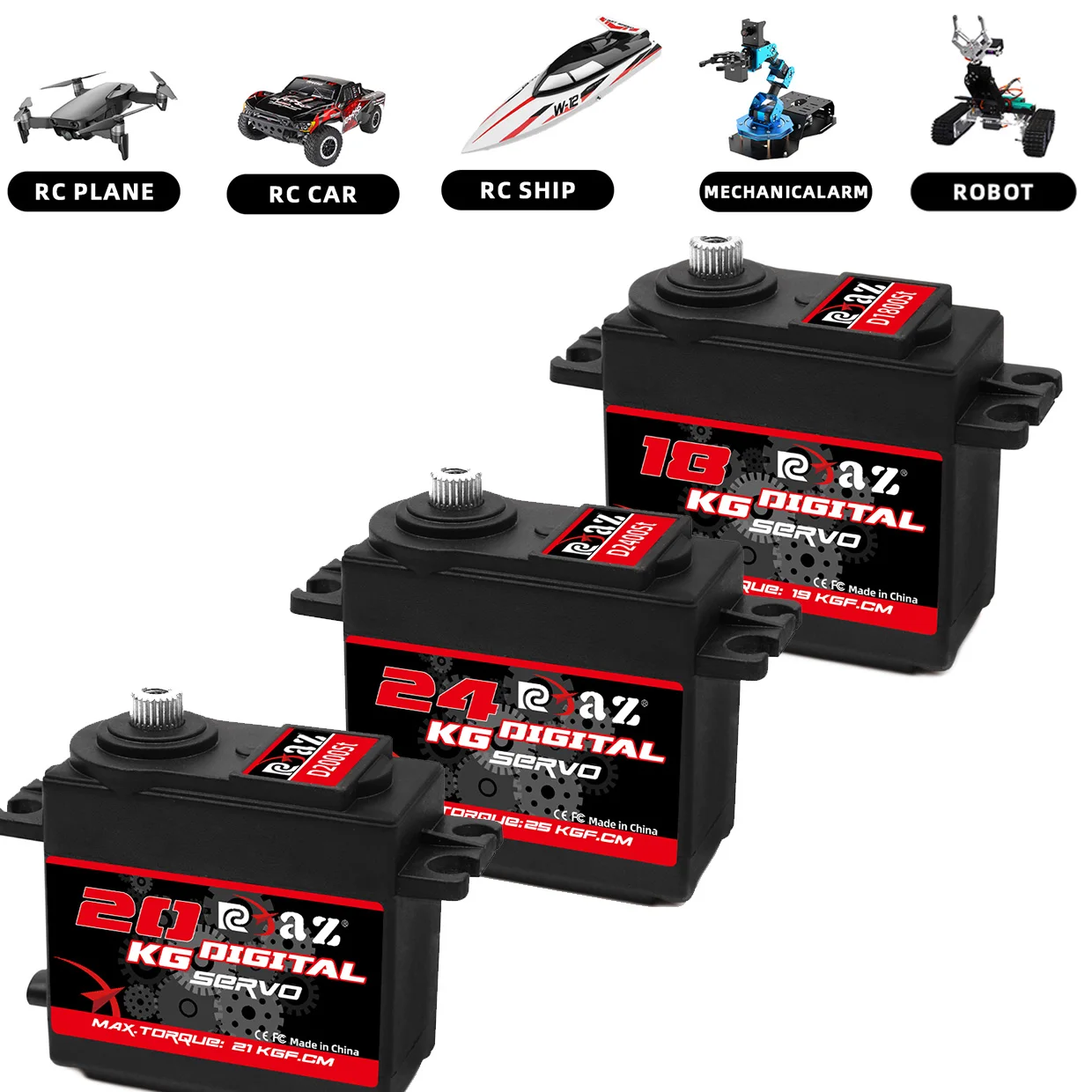 Servo numérique RC 18KG haute performance avec couple élevé, parfait pour hélicoptère RC, vue détaillée du boîtier étanche.