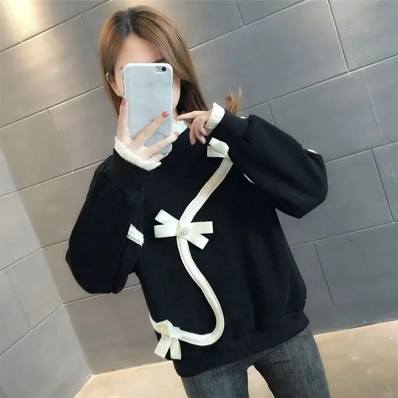여성용 레트로 작은 향수 스타일 용수철, 맞춤형 스탠드 칼라 나비 매듭, 페이크 투피스 탑 디자인, 가을