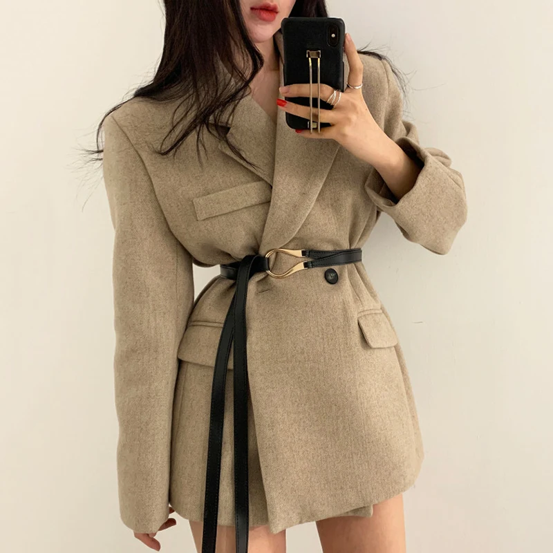 Long Sleeve Thick Turn-down Collar Double Breasted Minimalist Korean Ladies Jacket Women Autumn Winter Short Coat with Belt