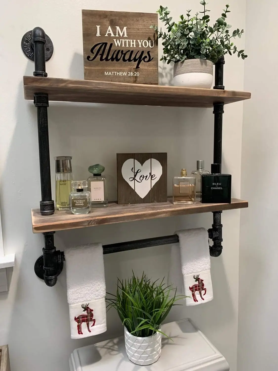 Industrial Pipe Shelf Bathroom Shelves Wall Mounted Rustic Wood Shelf with Towel Bar Farmhouse Towel Rack Over Toilet 2