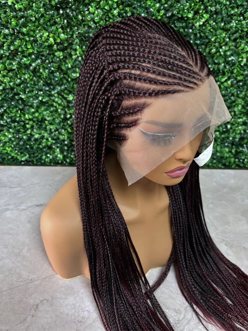 Fashion Lace Closure Braided Wigs Straight 1B/99J Synthetic Knotless Box Crochet Braids Hair Wig for Black Women Pre Plucked